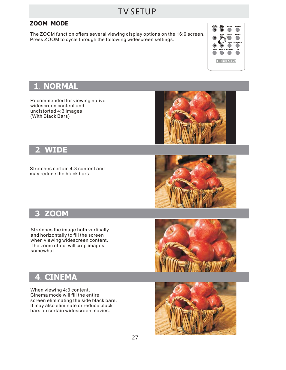 T v setup, 1 normal . 2 wide . 3 zoom . 4 cinema | Curtis LCDVD322A User Manual | Page 30 / 45