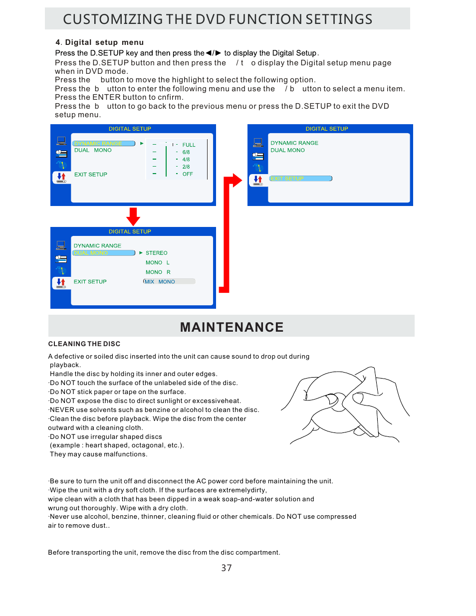 Customizing the dvd function settings, Maintenance | Curtis LCDVD322A User Manual | Page 40 / 45