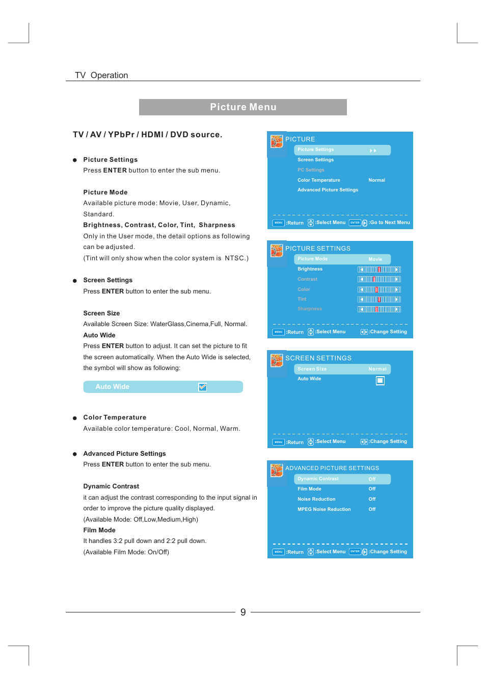 页 10, Picture menu 9, Tv / av / ypbpr / hdmi / dvd source | Tv operation | Curtis LCDVD326A-2 User Manual | Page 10 / 36