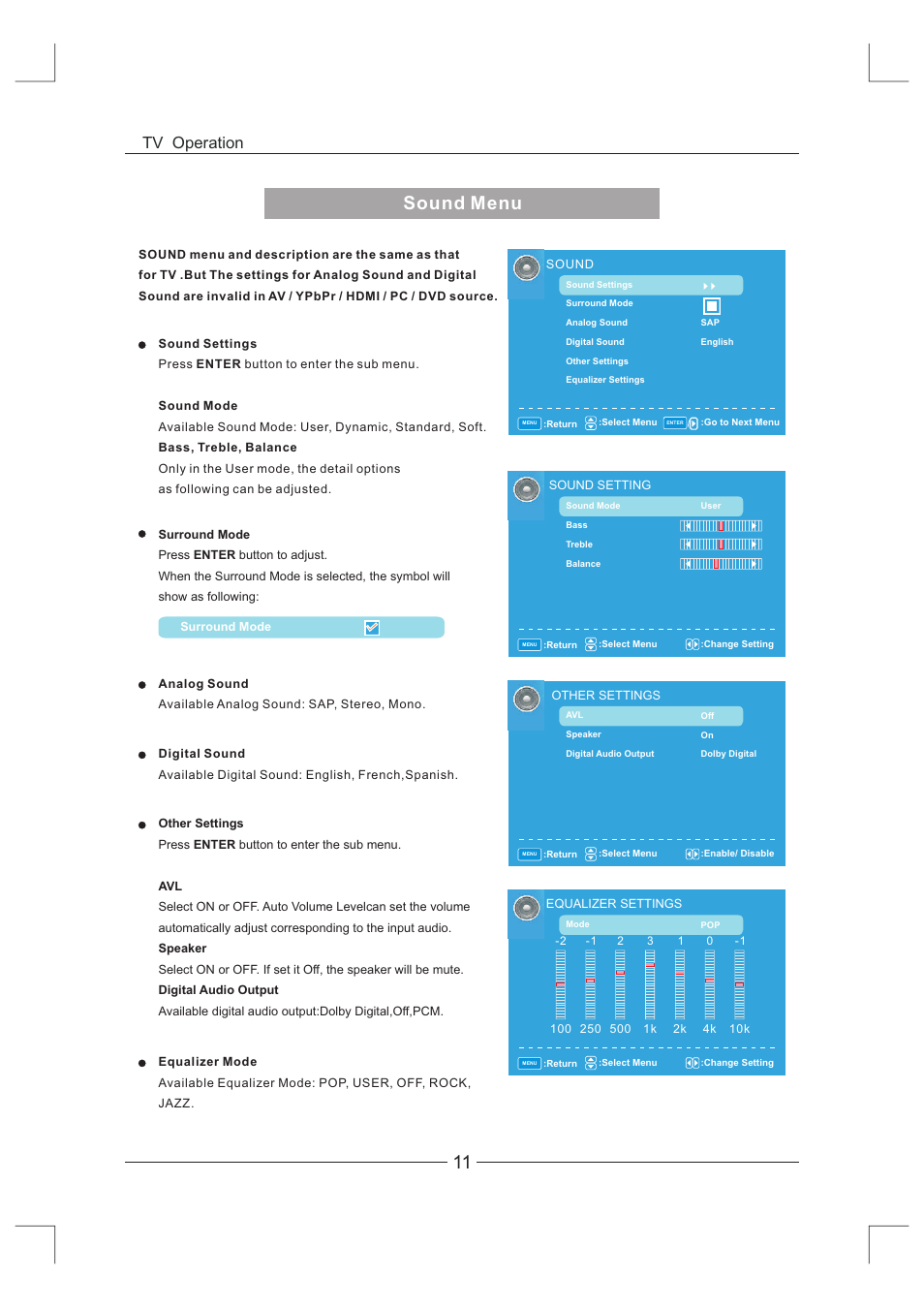 页 12, Sound menu, Tv operation | Curtis LCDVD326A-2 User Manual | Page 12 / 36