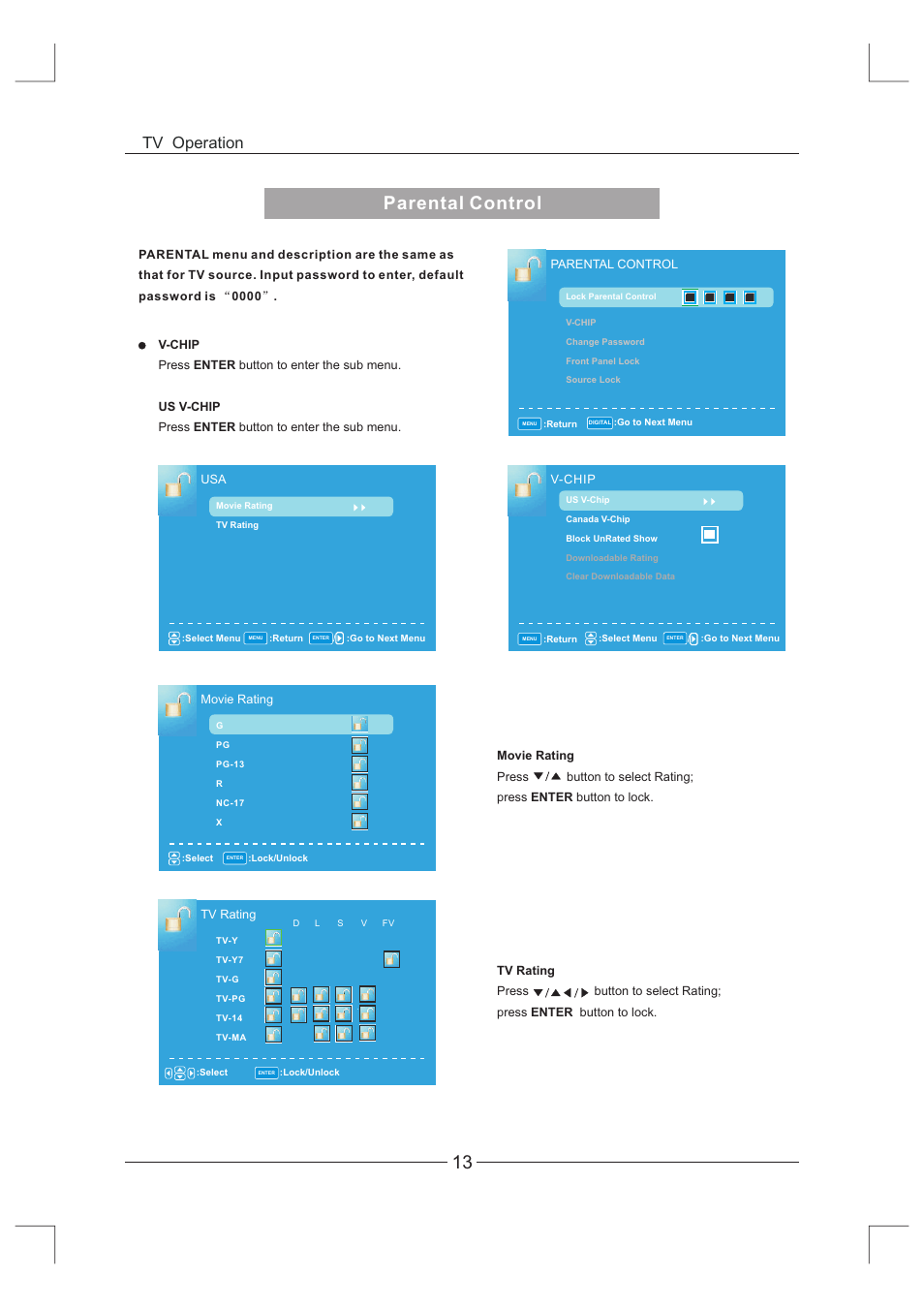 页 14, Parental control, Tv operation | Curtis LCDVD326A-2 User Manual | Page 14 / 36