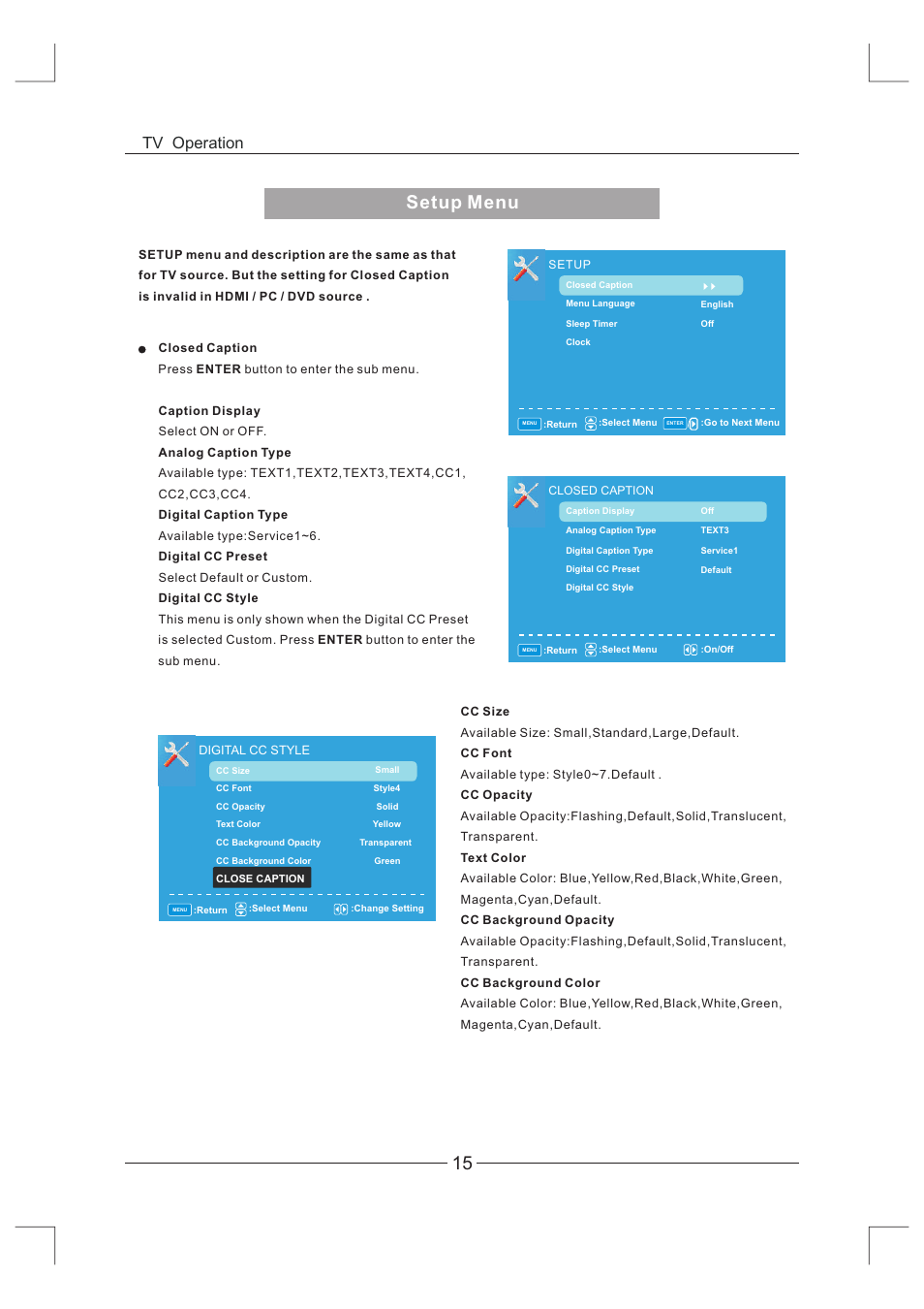 页 16, Setup menu, Tv operation | Curtis LCDVD326A-2 User Manual | Page 16 / 36