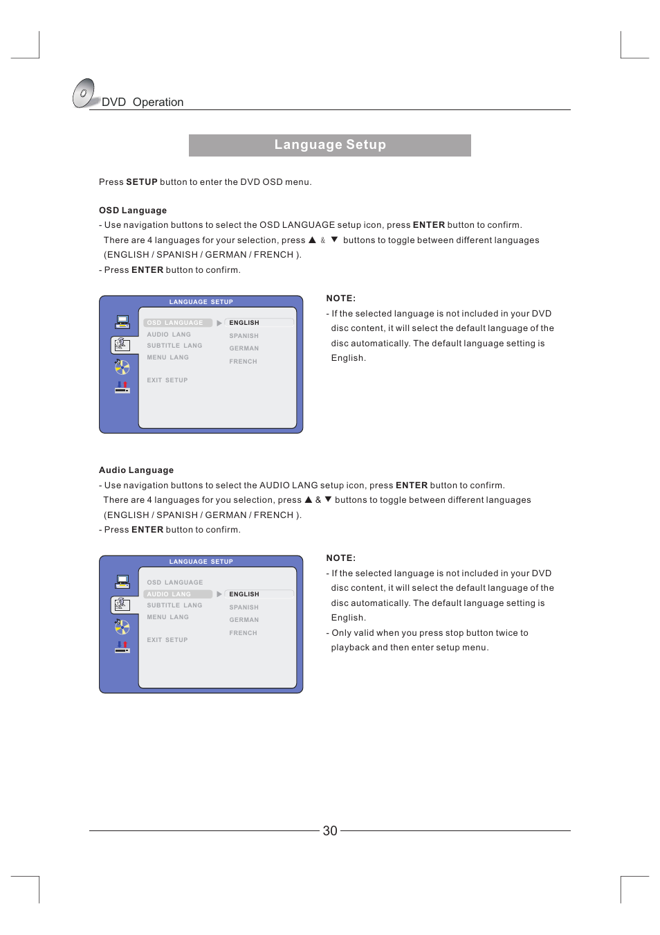 页 31, Language setup, Dvd operation | Curtis LCDVD326A-2 User Manual | Page 31 / 36