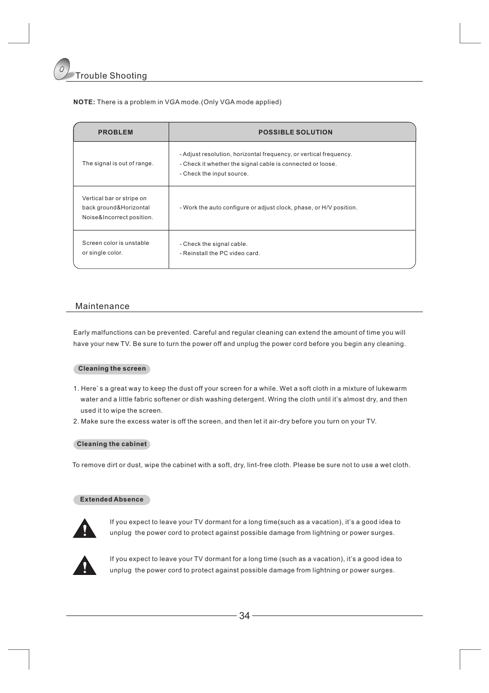 页 35, Maintenance trouble shooting | Curtis LCDVD326A-2 User Manual | Page 35 / 36