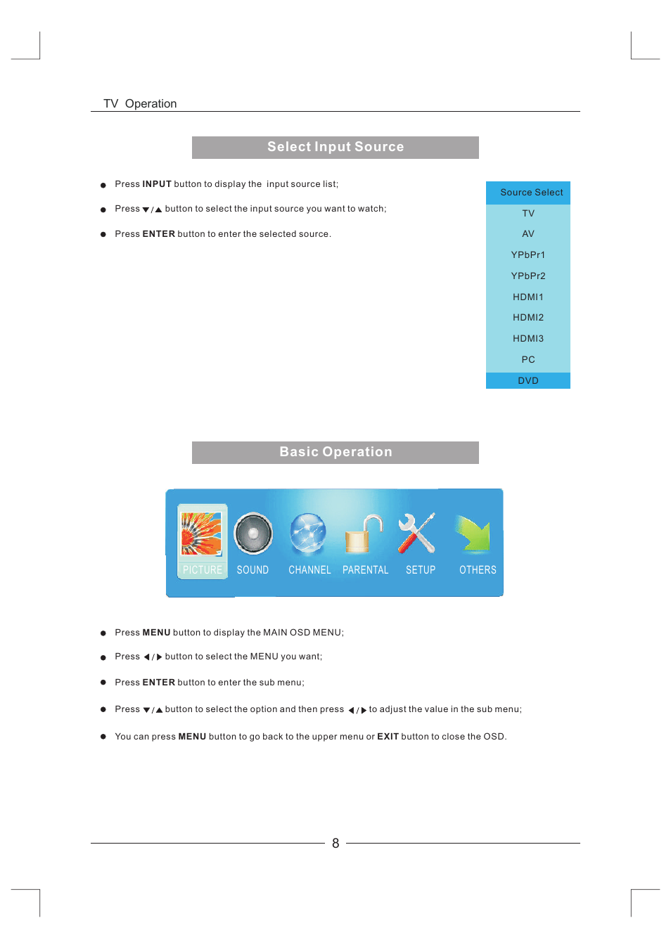 Select input source, Basic operation | Curtis LCDVD326A-2 User Manual | Page 9 / 36