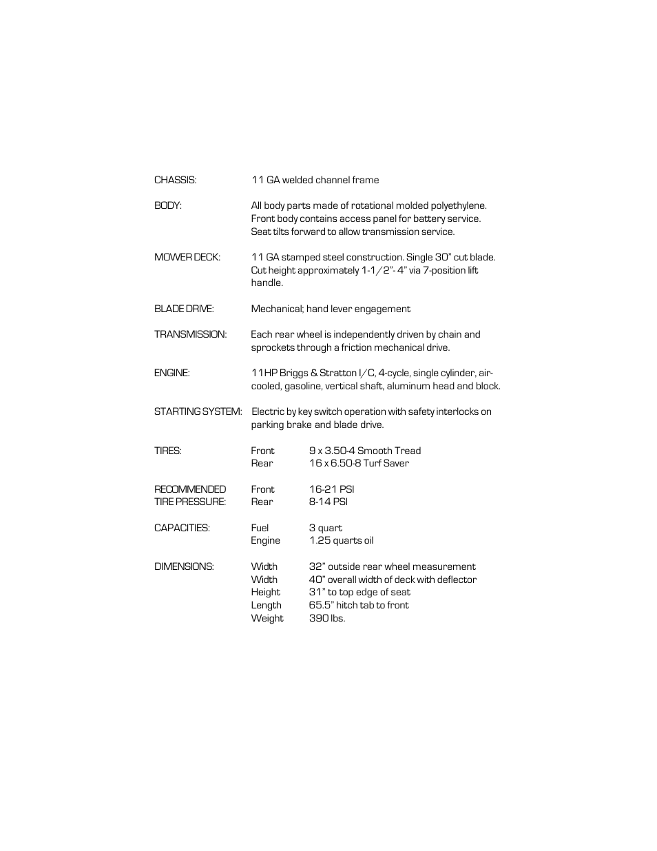 Specifications | Dixon ZEETER User Manual | Page 17 / 52