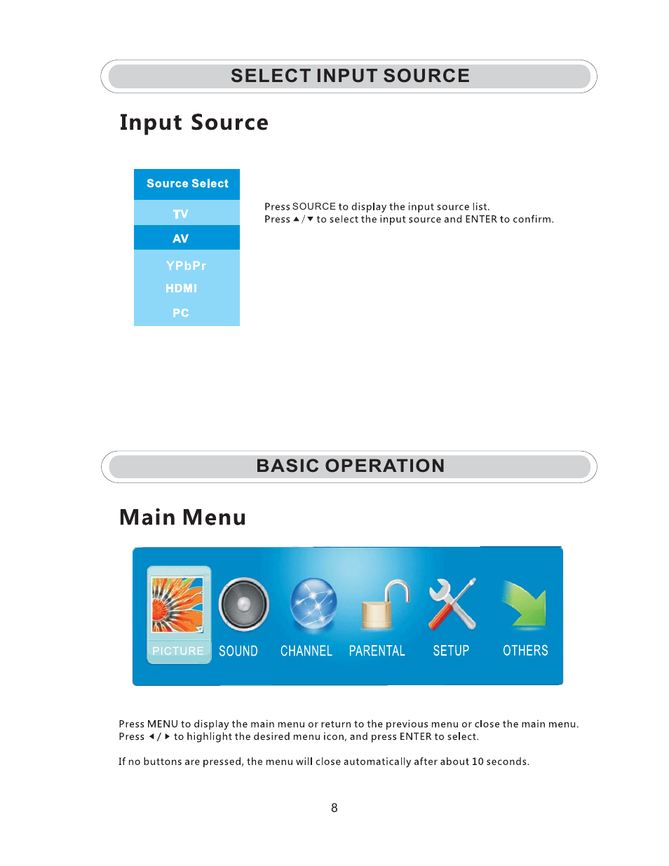 Select input source, Basic operation | Curtis LED1930A User Manual | Page 11 / 35