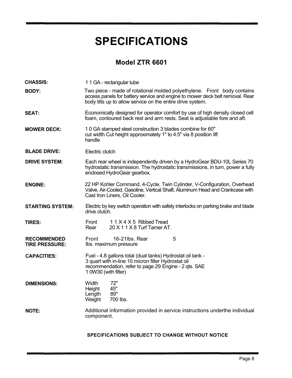 Specifications, Model ztr 6601 | Dixon 6601 Series User Manual | Page 11 / 50