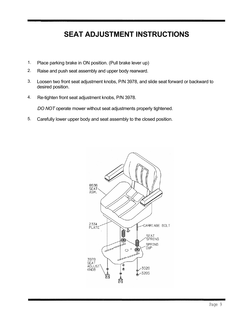 Seat adjustment instructions | Dixon 6601 Series User Manual | Page 12 / 50