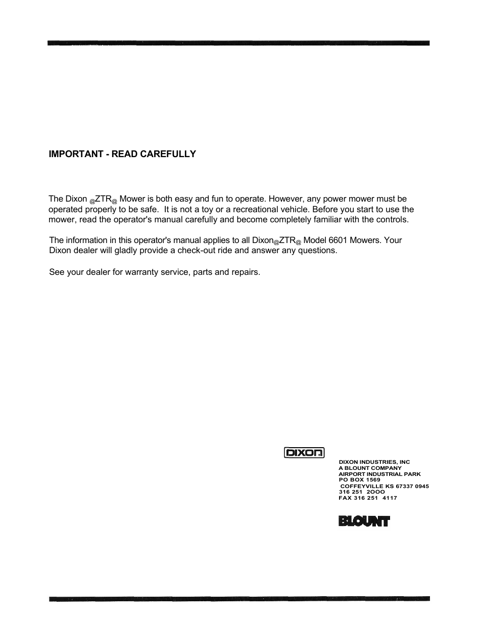 Important - read carefully | Dixon 6601 Series User Manual | Page 2 / 50