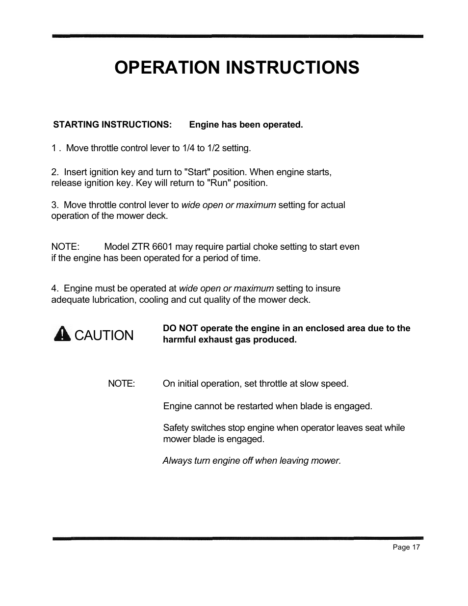 Operation instructions, Caution | Dixon 6601 Series User Manual | Page 20 / 50