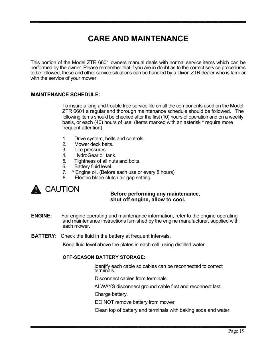 Care and maintenance, Caution | Dixon 6601 Series User Manual | Page 22 / 50