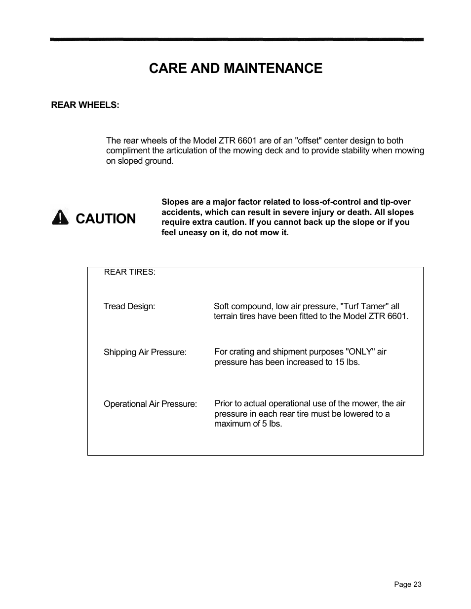 Care and maintenance, Caution | Dixon 6601 Series User Manual | Page 26 / 50