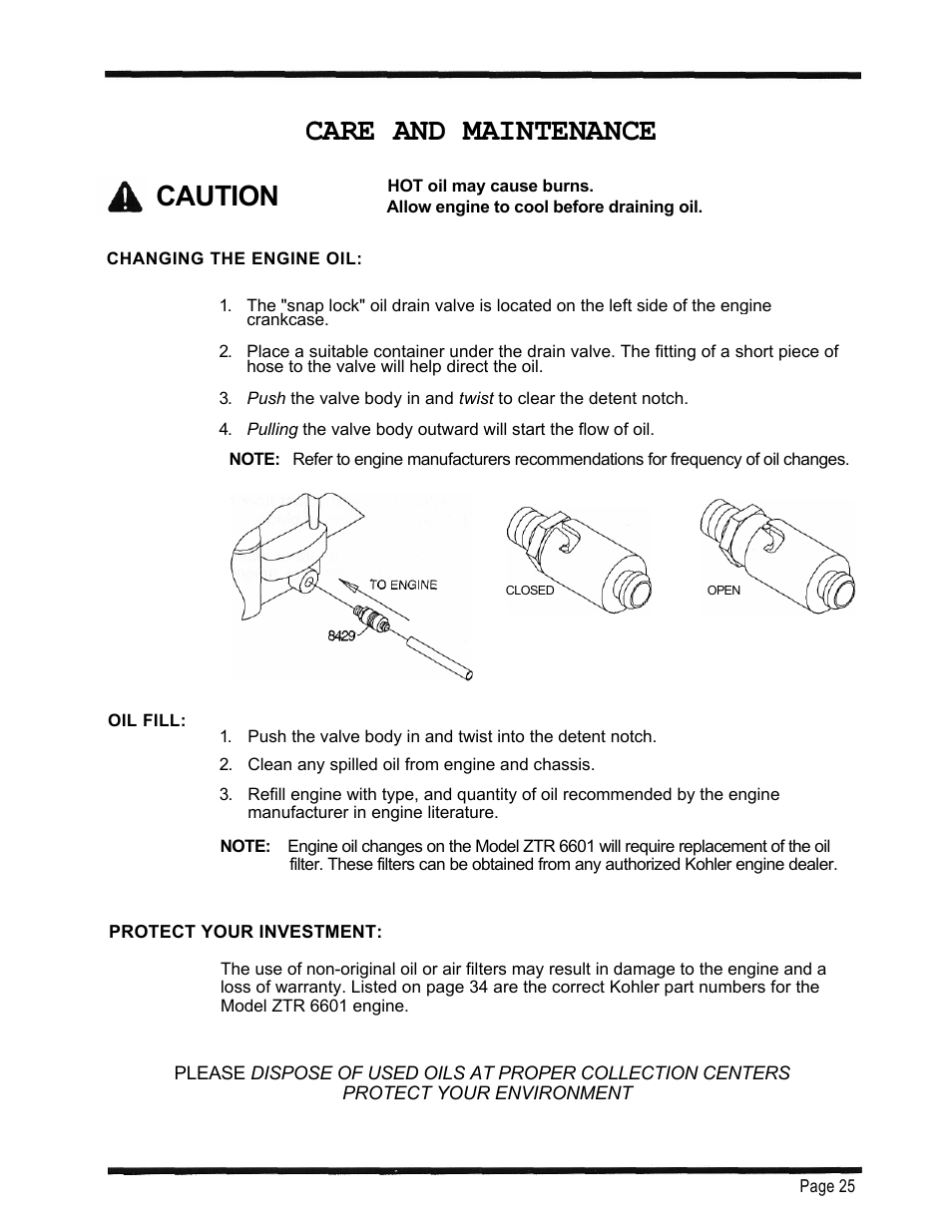 Care and maintenance, Caution | Dixon 6601 Series User Manual | Page 28 / 50