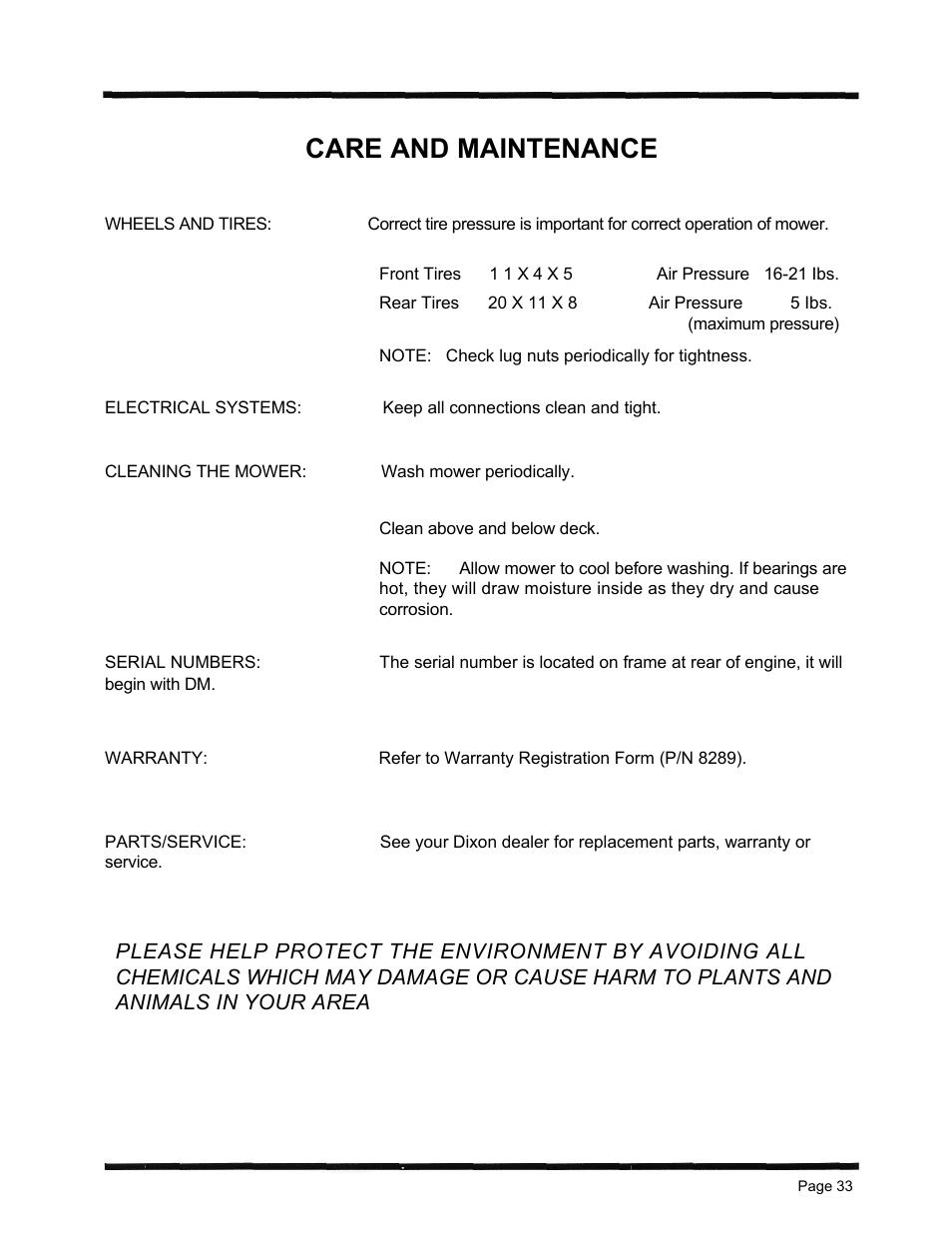 Care and maintenance | Dixon 6601 Series User Manual | Page 36 / 50