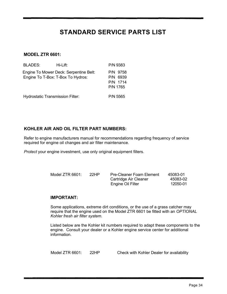 Standard service parts list | Dixon 6601 Series User Manual | Page 37 / 50