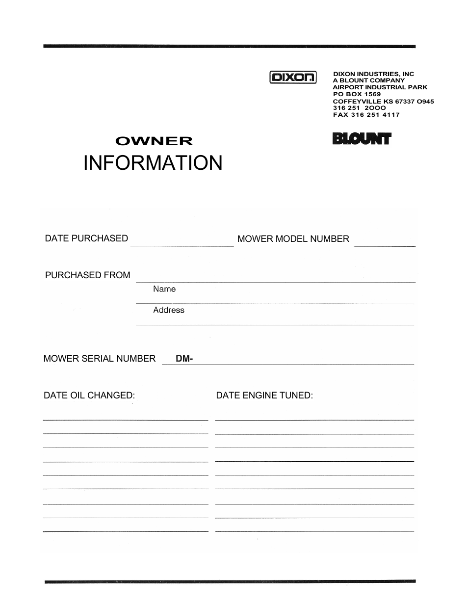 Information, Owner | Dixon 6601 Series User Manual | Page 49 / 50