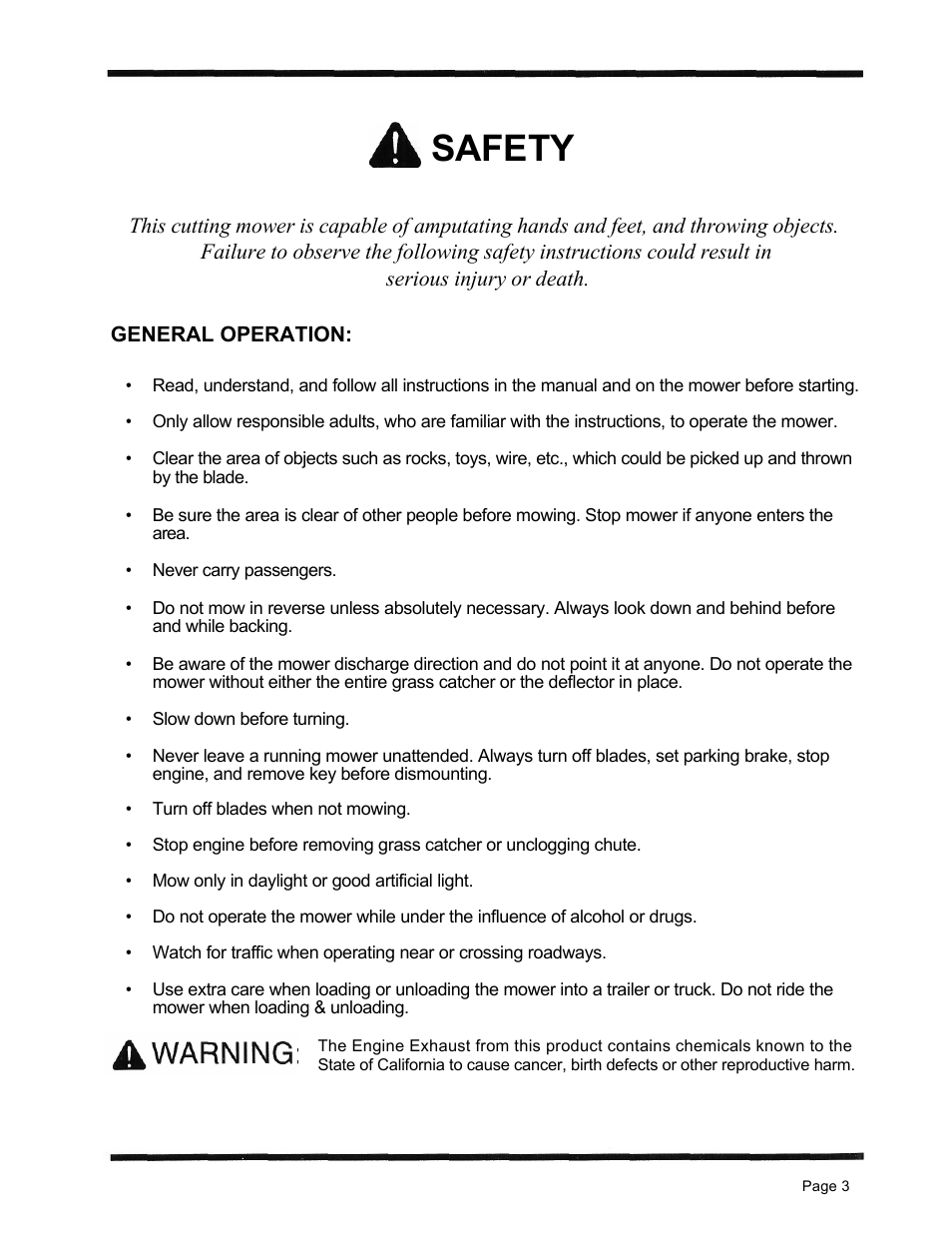 Safety, Serious injury or death, General operation | Dixon 6601 Series User Manual | Page 6 / 50