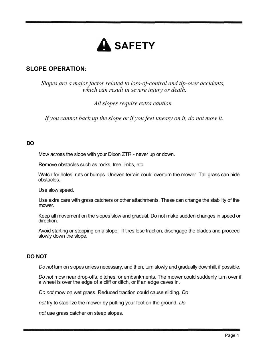 Safety, Slope operation | Dixon 6601 Series User Manual | Page 7 / 50