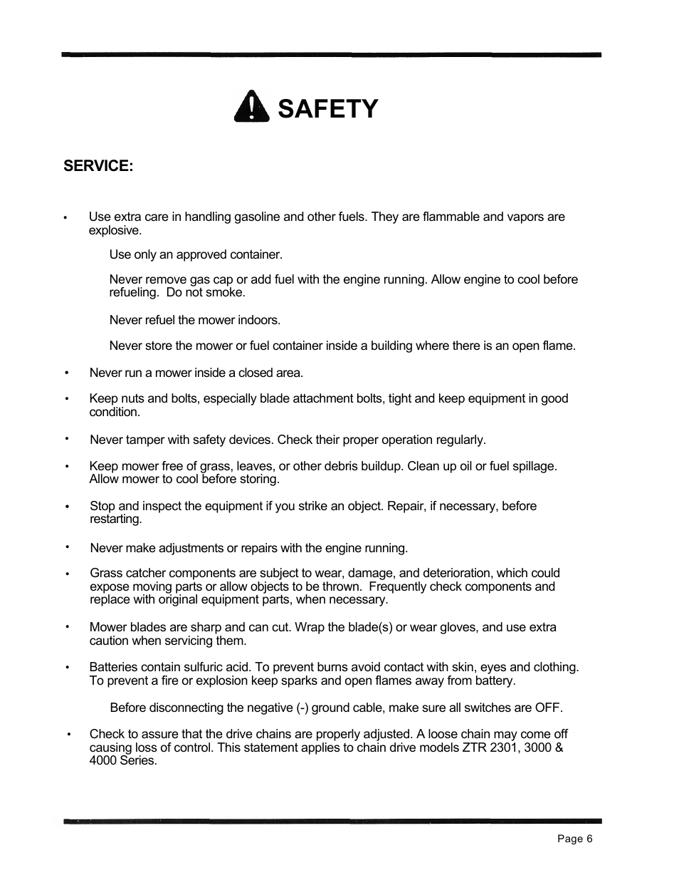 Safety, Service | Dixon 6601 Series User Manual | Page 9 / 50