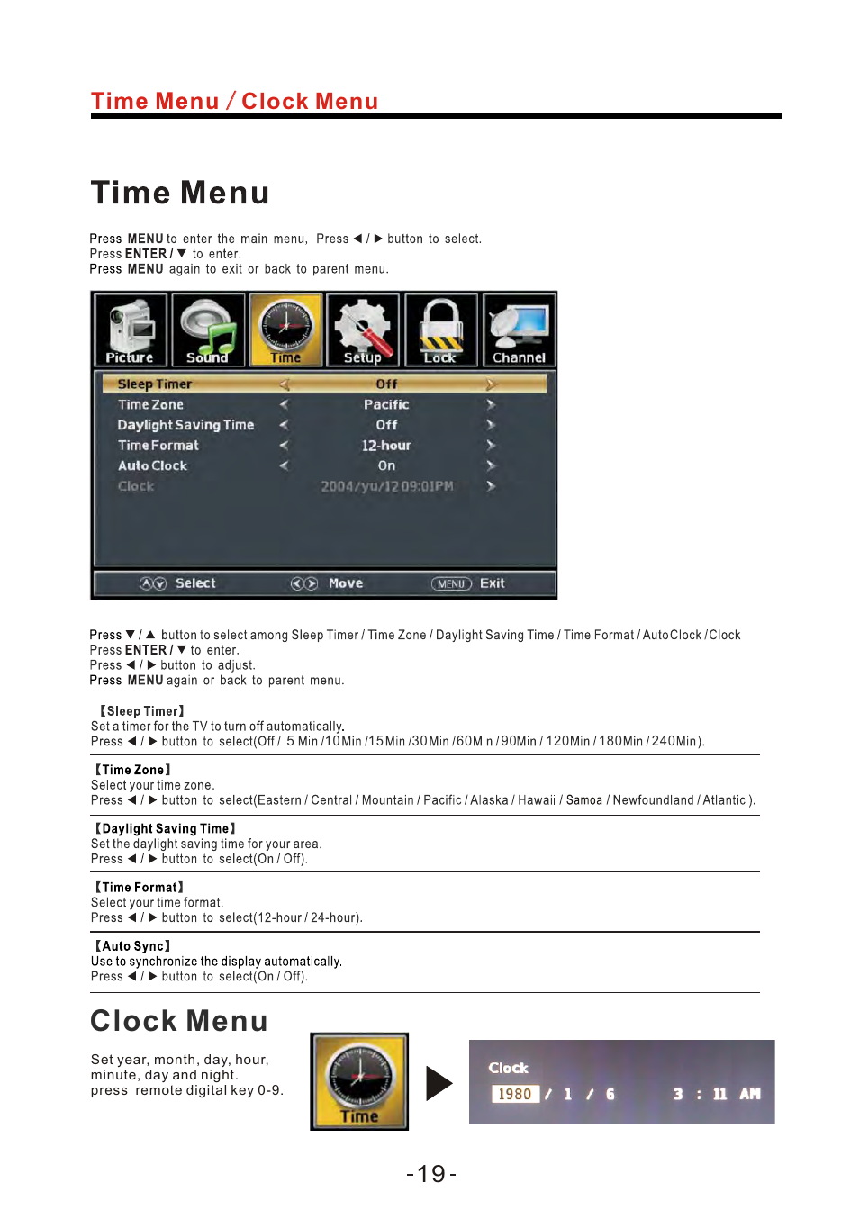 Clock menu | Curtis LED2400A User Manual | Page 20 / 38