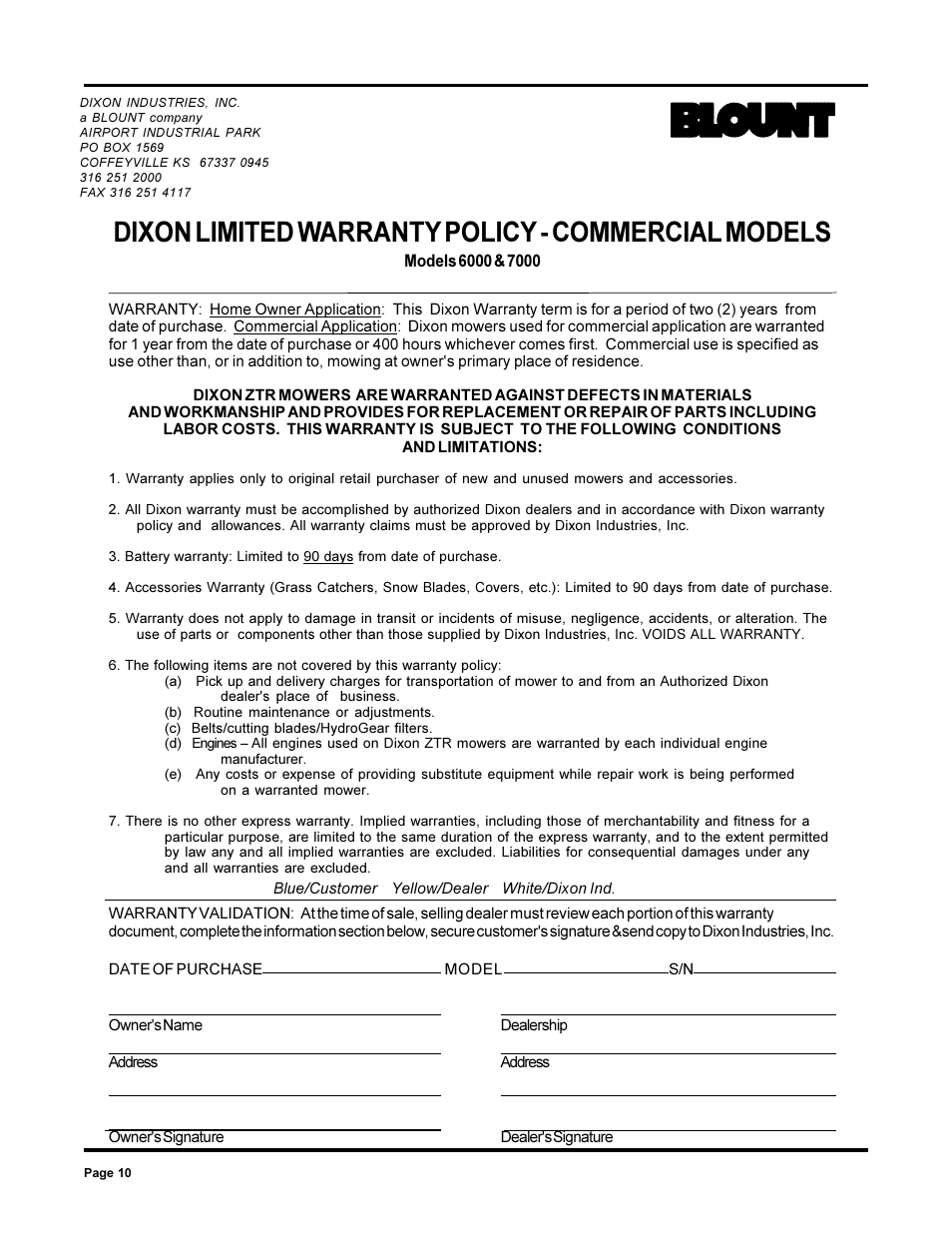 Dixon limited warranty policy - commercial models | Dixon 13090-0700 User Manual | Page 10 / 40