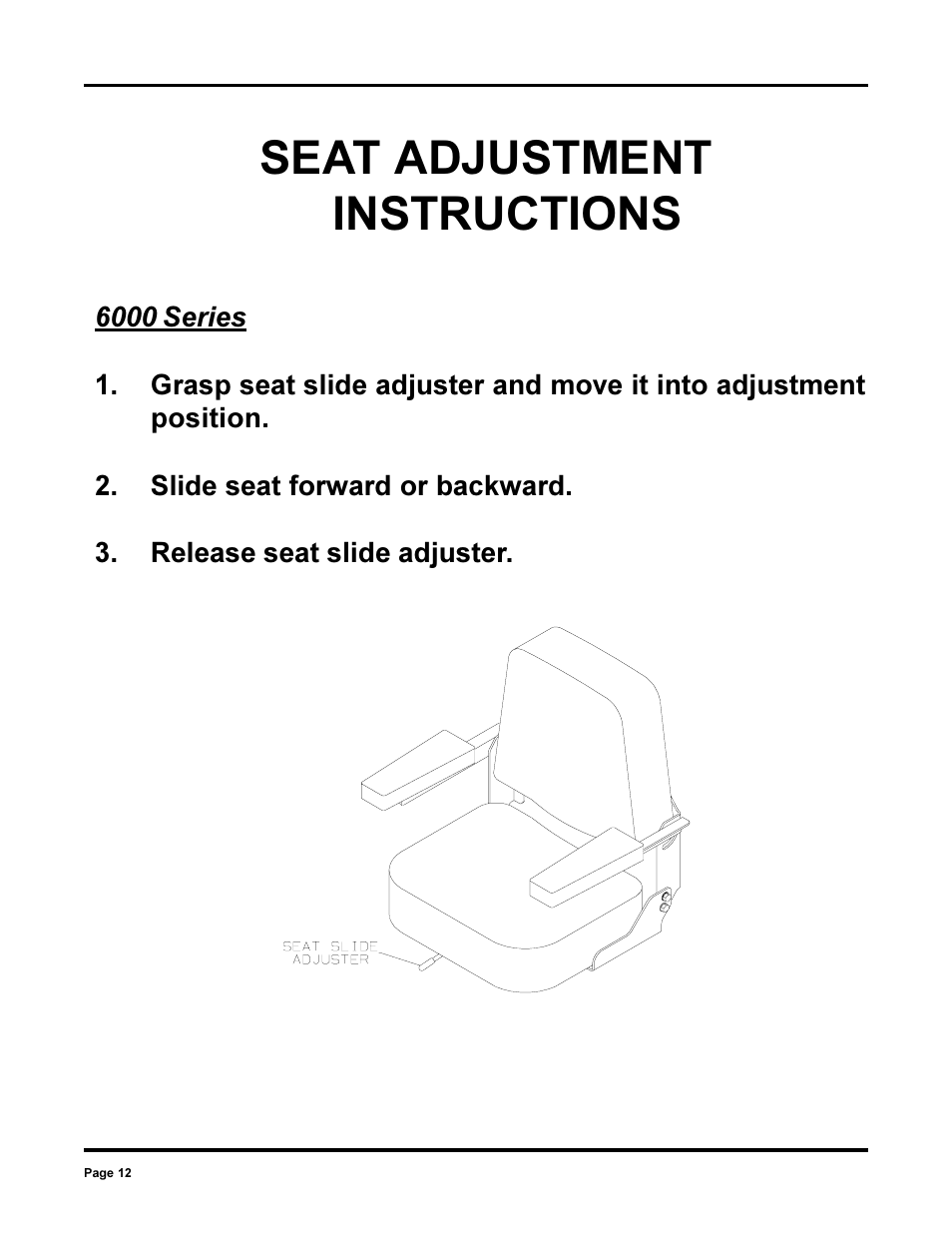 Seat adjustment instructions | Dixon 13090-0700 User Manual | Page 12 / 40