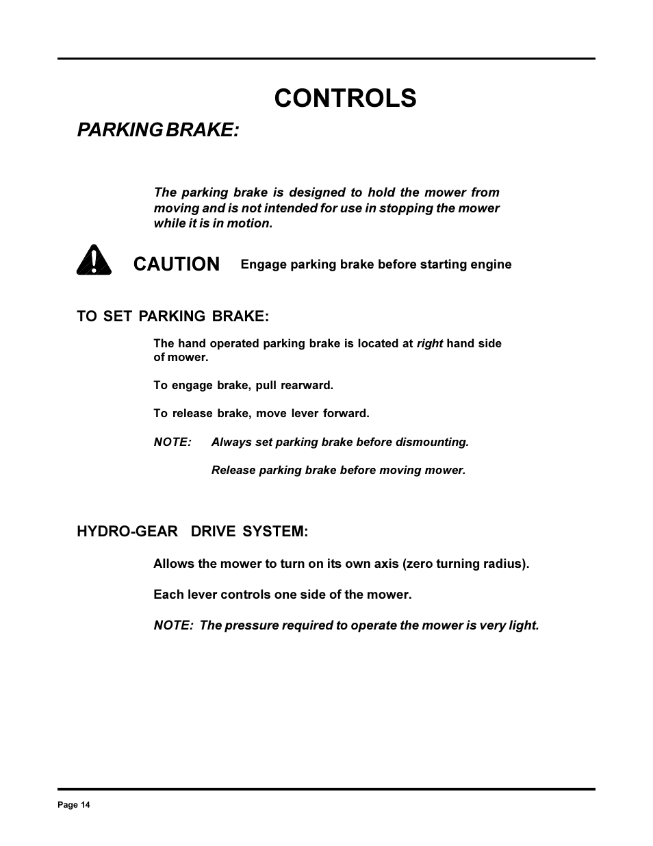 Controls, Parking brake, Caution | Dixon 13090-0700 User Manual | Page 14 / 40