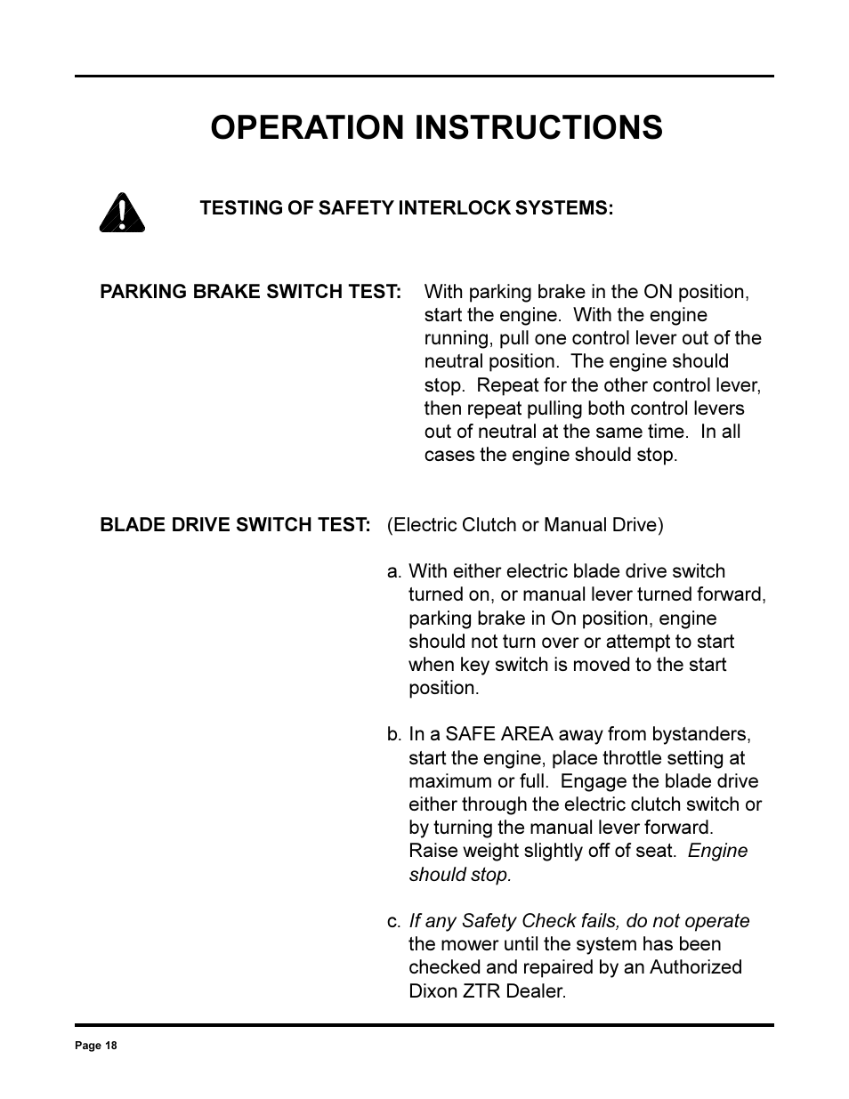 Operation instructions | Dixon 13090-0700 User Manual | Page 18 / 40