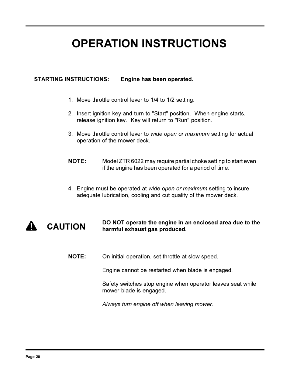 Operation instructions, Caution | Dixon 13090-0700 User Manual | Page 20 / 40
