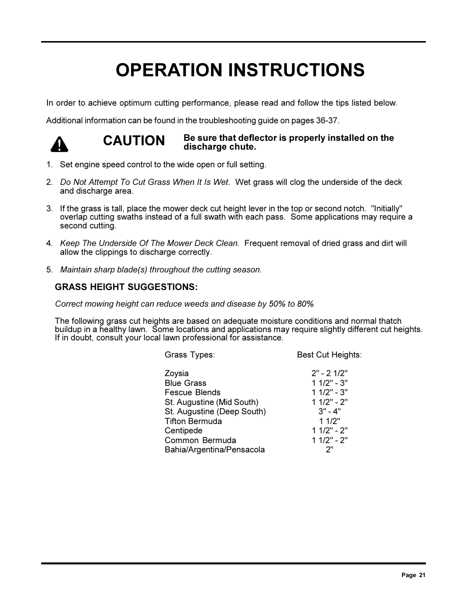 Operation instructions, Caution | Dixon 13090-0700 User Manual | Page 21 / 40