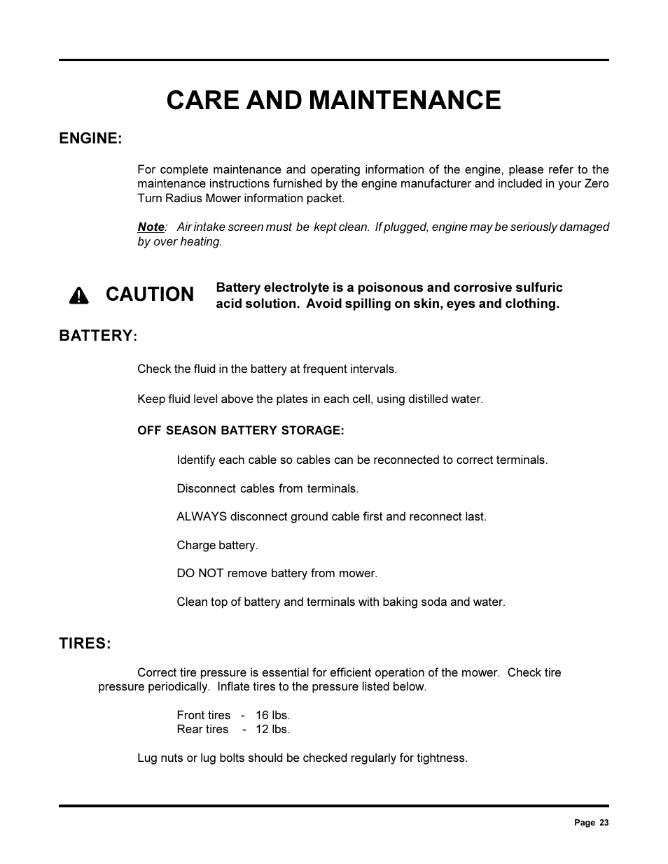 Care and maintenance, Caution | Dixon 13090-0700 User Manual | Page 23 / 40