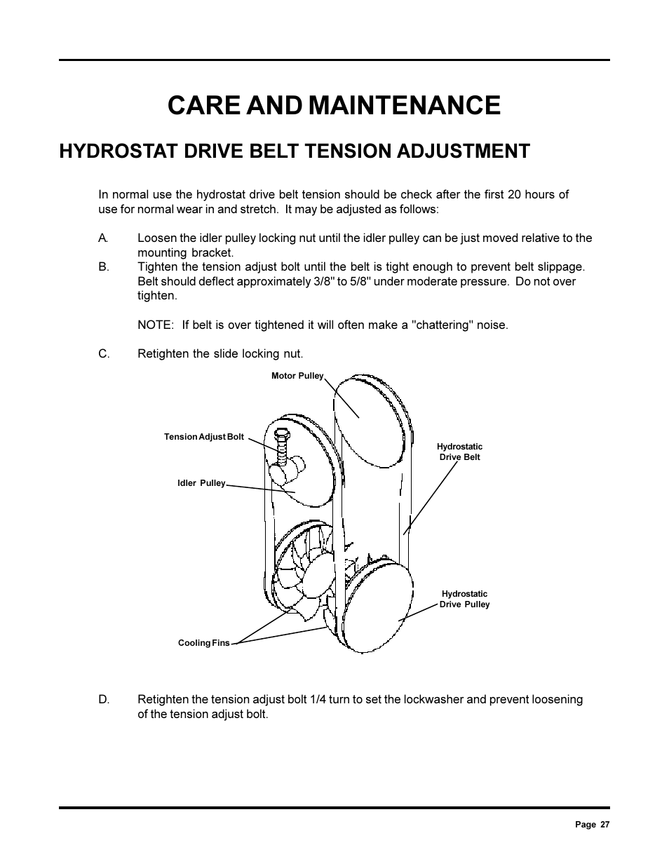 Care and maintenance, Hydrostat drive belt tension adjustment | Dixon 13090-0700 User Manual | Page 27 / 40