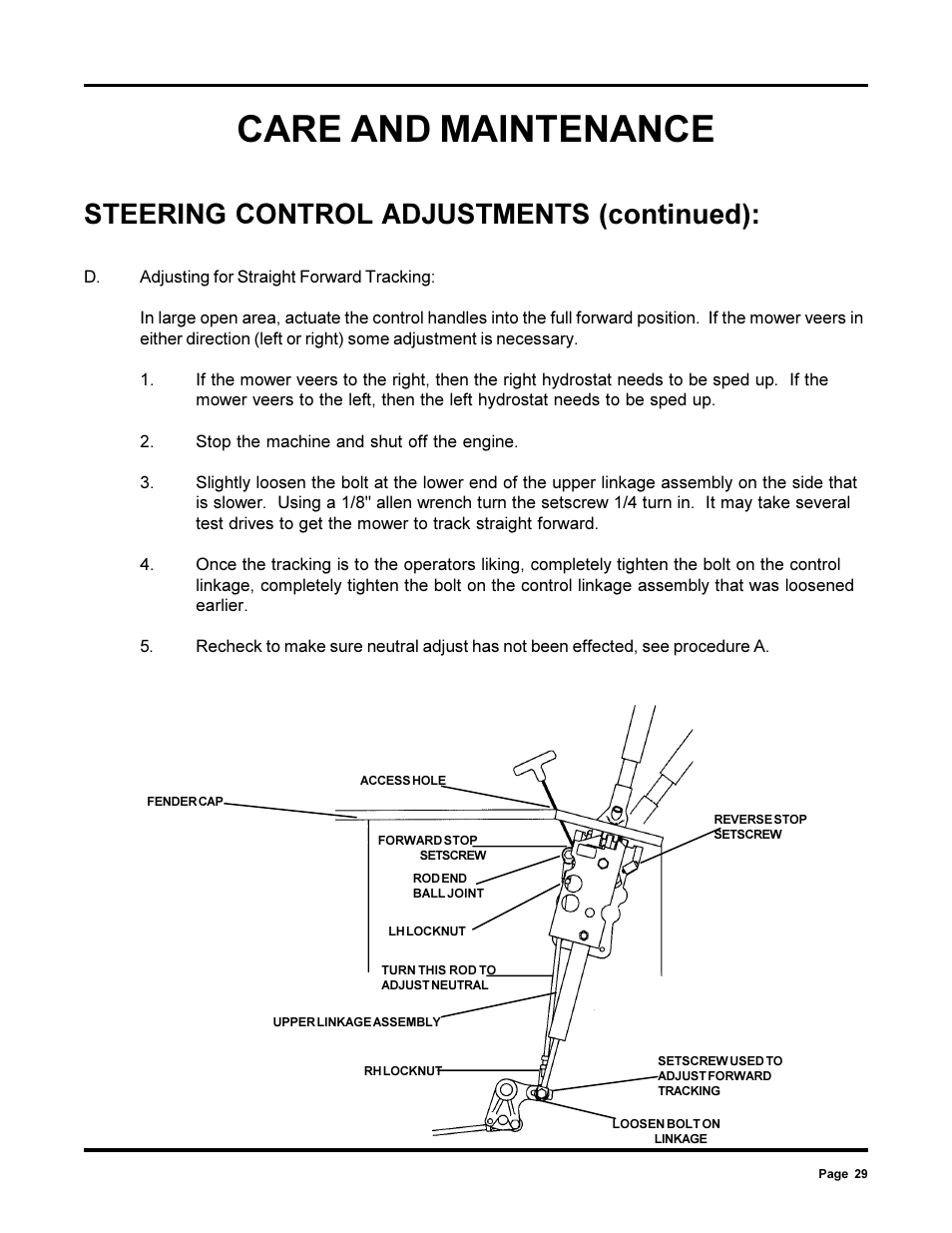 Care and maintenance, Steering control adjustments (continued) | Dixon 13090-0700 User Manual | Page 29 / 40