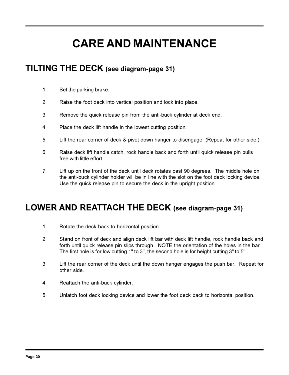 Care and maintenance, Tilting the deck, Lower and reattach the deck | Dixon 13090-0700 User Manual | Page 30 / 40