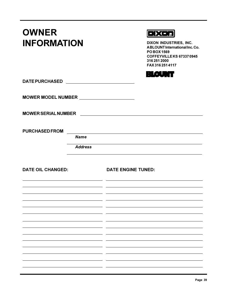 Owner information | Dixon 13090-0700 User Manual | Page 39 / 40