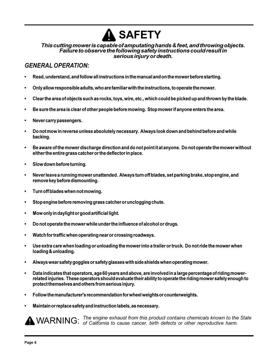 Safety, Warning | Dixon 13090-0700 User Manual | Page 6 / 40