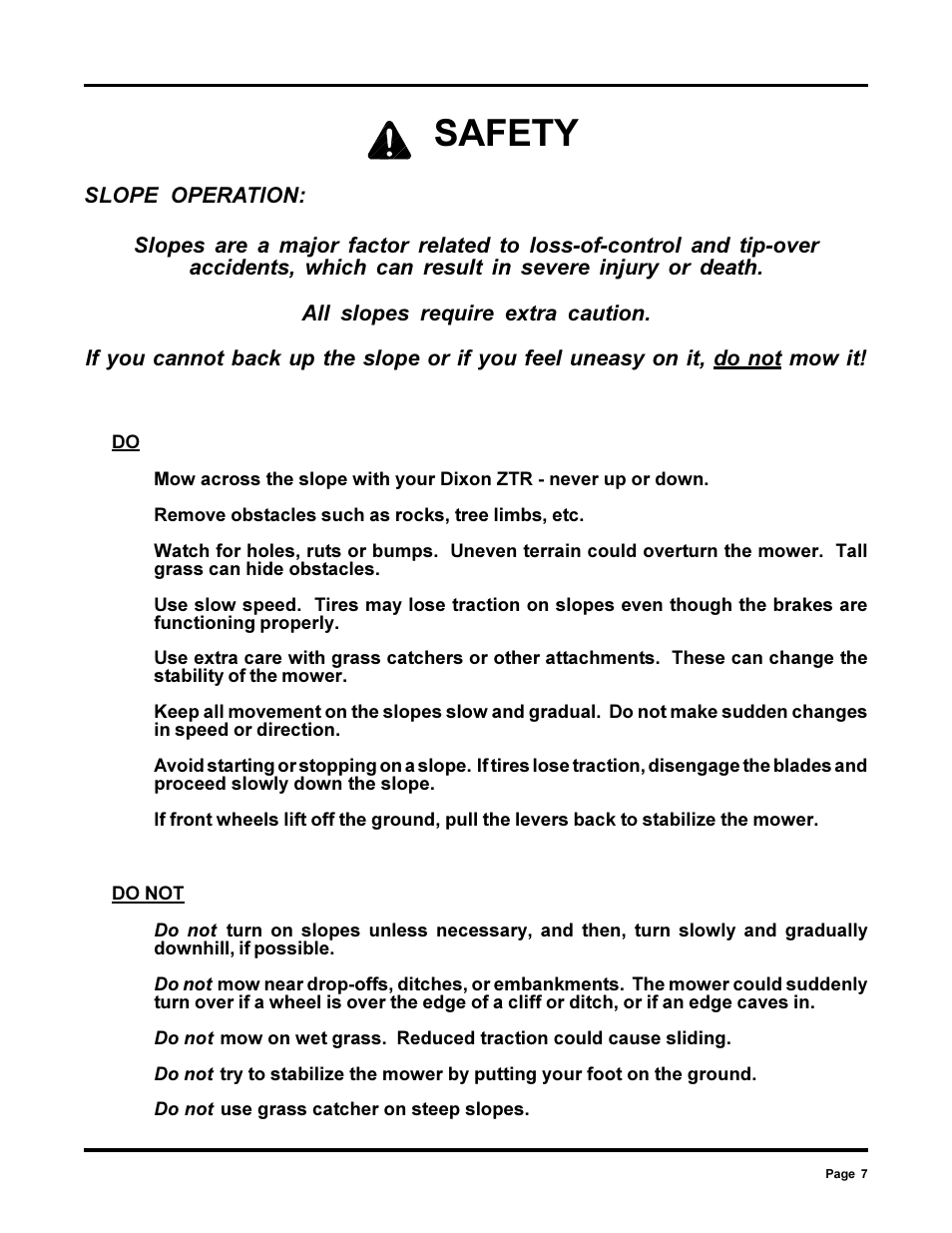 Safety | Dixon 13090-0700 User Manual | Page 7 / 40