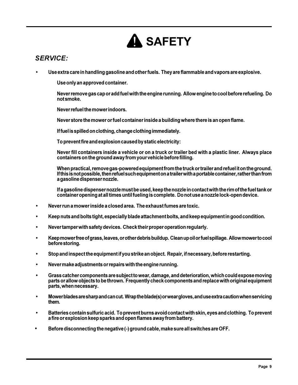 Safety, Service | Dixon 13090-0700 User Manual | Page 9 / 40