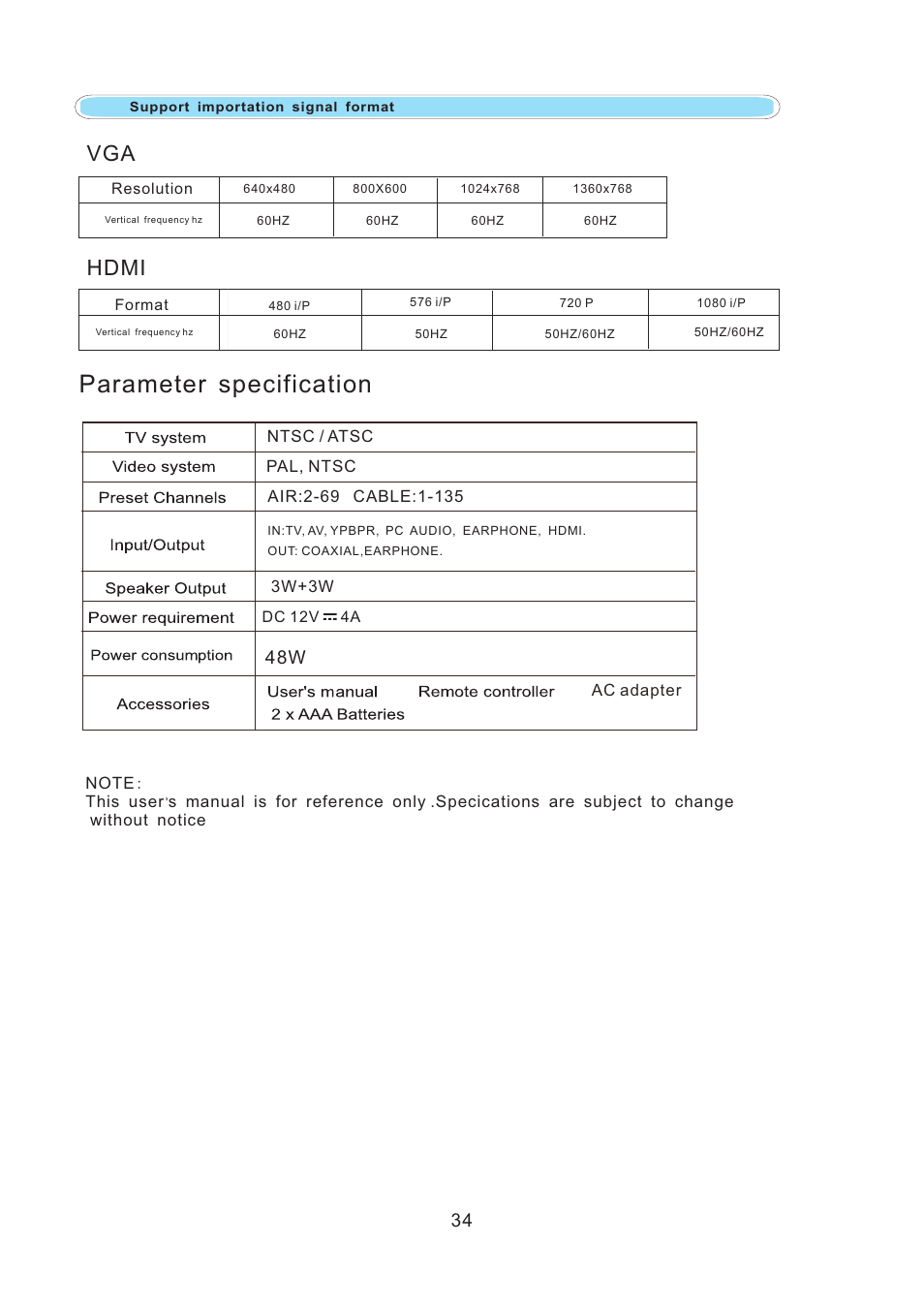 页 37, Parameter specification, Hdmi | Curtis LEDV1975A4 User Manual | Page 37 / 37