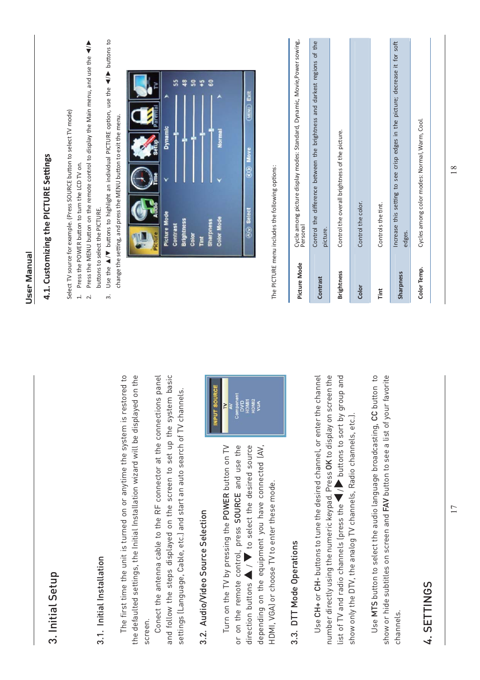 Initial setup, Settings, Customizing the picture | Curtis LEDVD1945A User Manual | Page 10 / 23