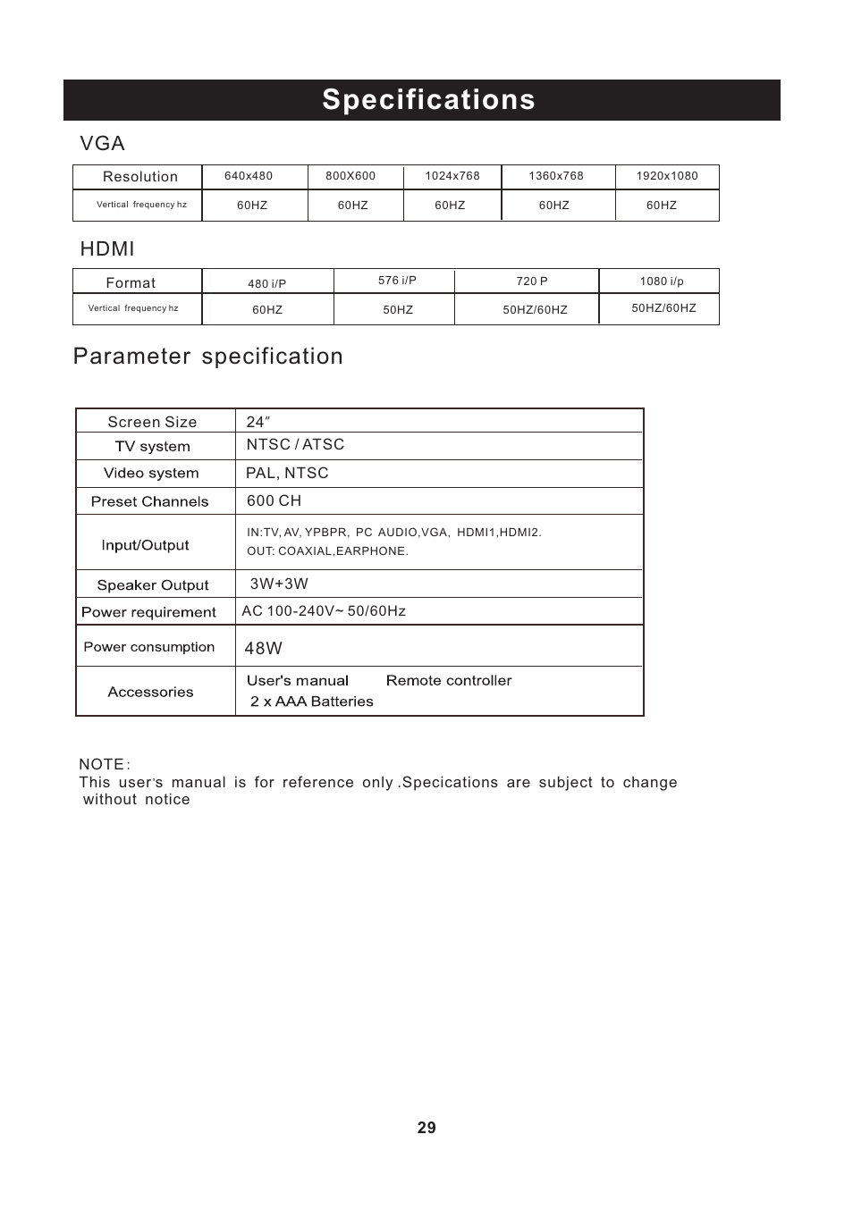页 30, Specifications, Parameter specification | Hdmi | Curtis LEDVD2488A-B User Manual | Page 30 / 30