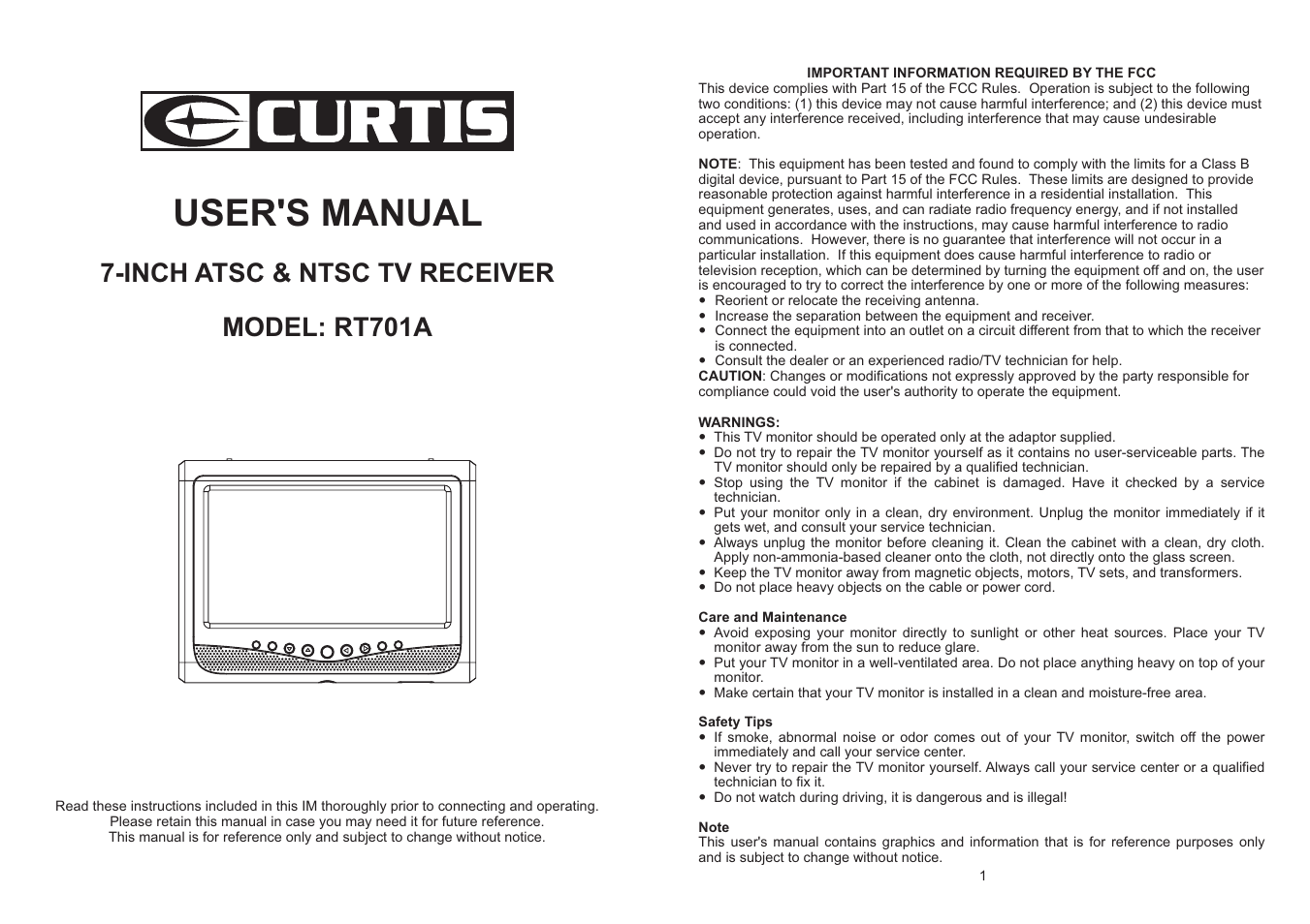 Curtis RT701A User Manual | 5 pages