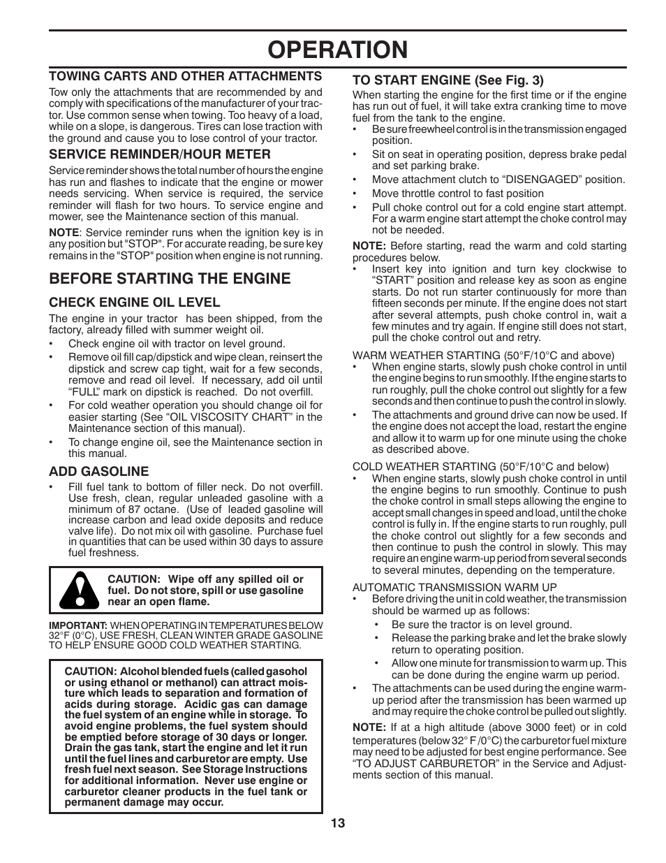 Operation, Before starting the engine | Dixon 434722 User Manual | Page 13 / 30