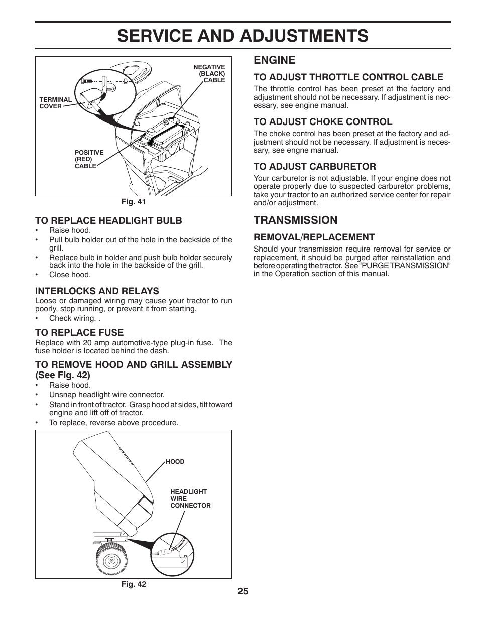 Service and adjustments, Engine, Transmission | Dixon 434722 User Manual | Page 25 / 30