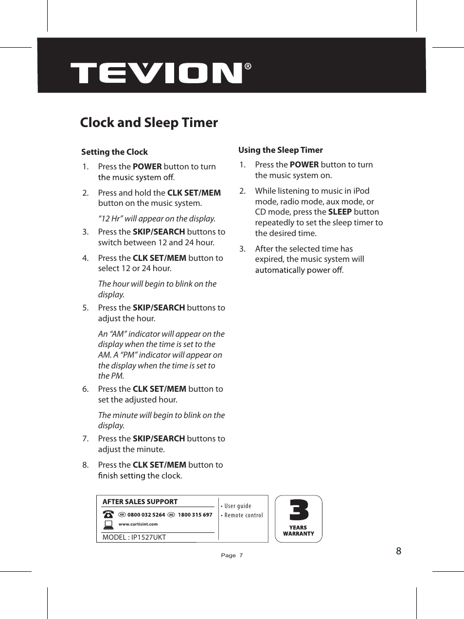 Clock and sleep timer | Curtis IP1527UKT User Manual | Page 10 / 18