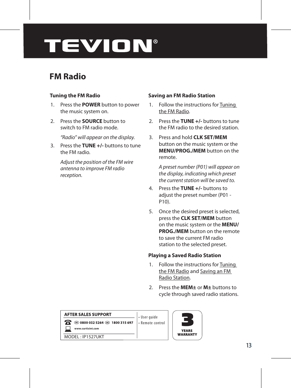 Fm radio | Curtis IP1527UKT User Manual | Page 15 / 18