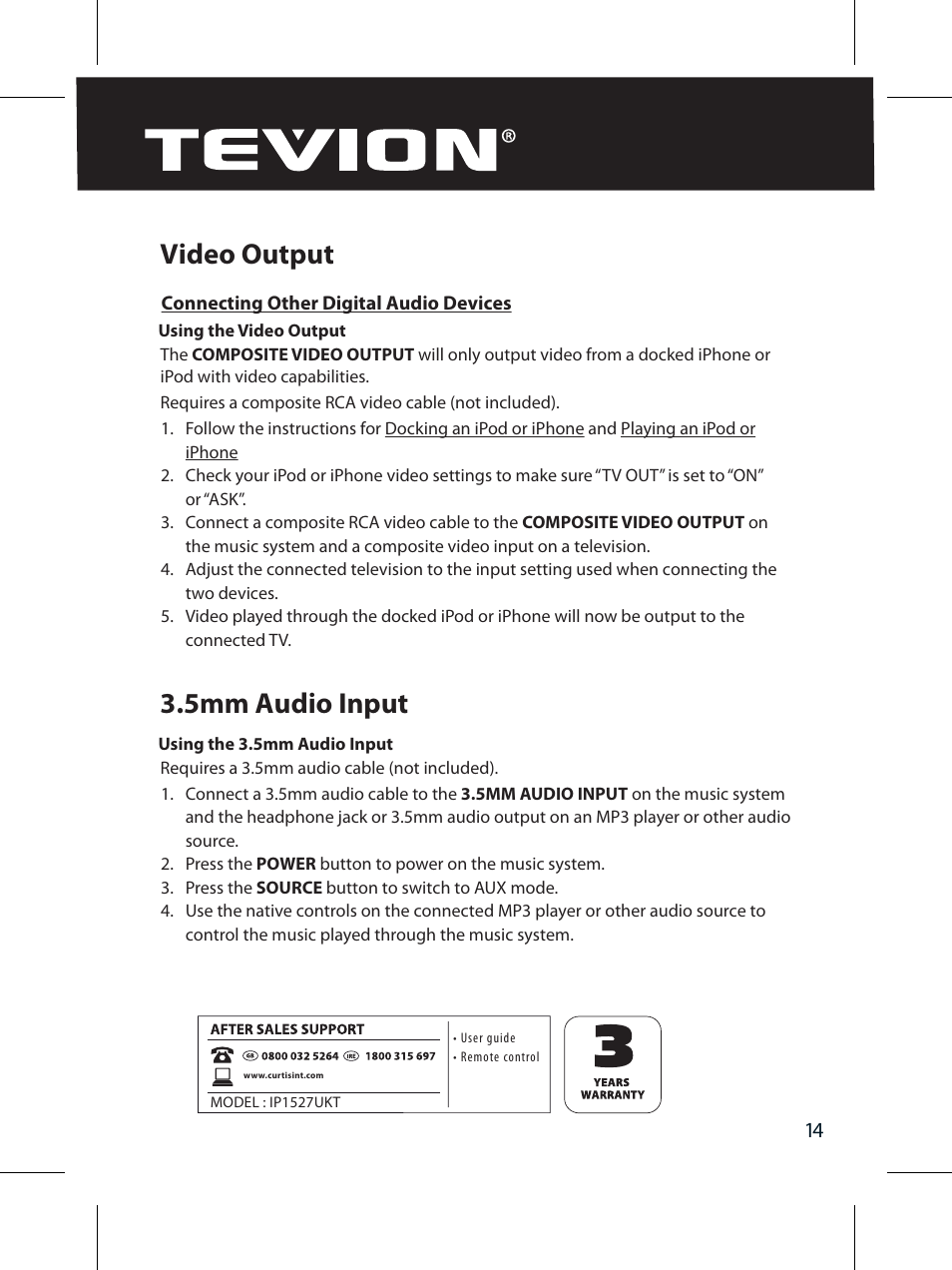 Video output 3.5mm audio input | Curtis IP1527UKT User Manual | Page 16 / 18