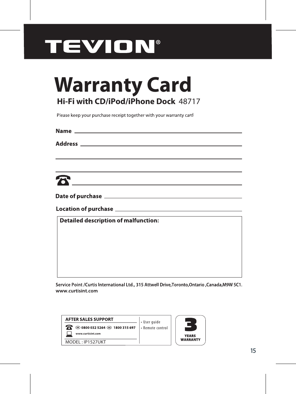 Arranty card | Curtis IP1527UKT User Manual | Page 17 / 18