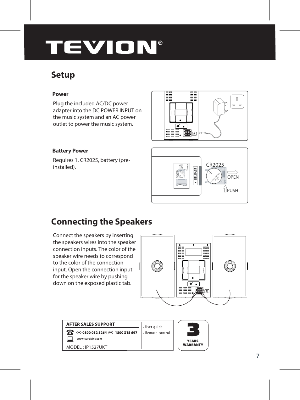 Setup connecting the speakers, Cr2025, Model : ip1527ukt | Push open | Curtis IP1527UKT User Manual | Page 9 / 18